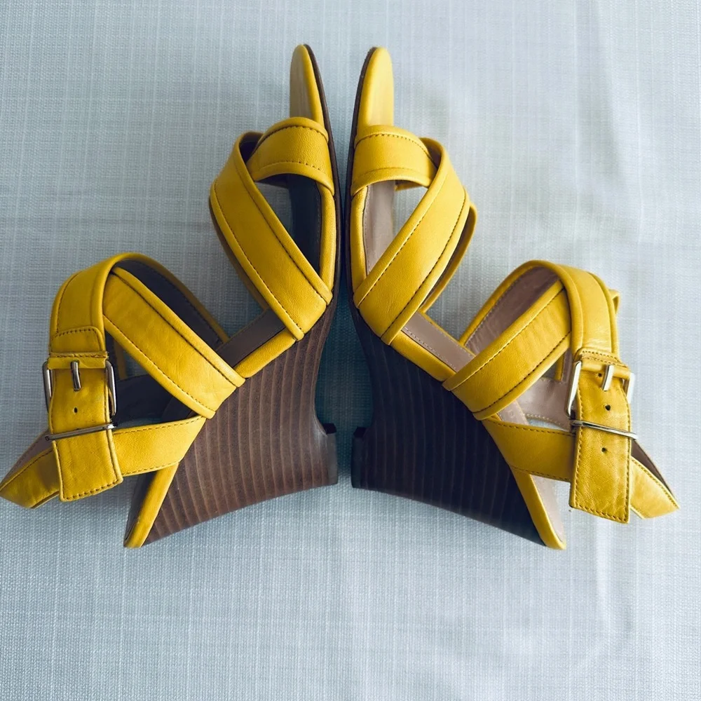 J Crew Shoe Lena Strappy Wood Wedge Sandals Leather Size 7.5 Yellow